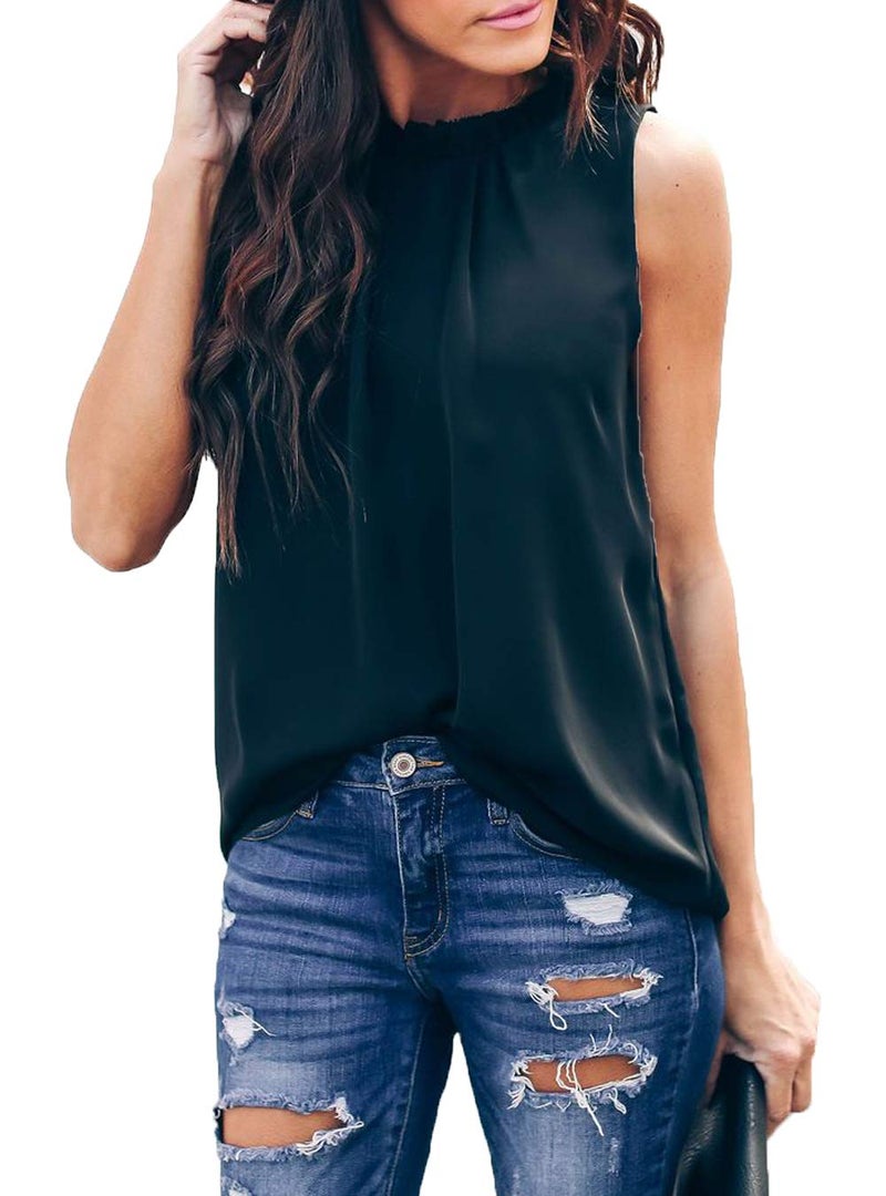 Allimy Women Summer Elegant Chiffon Tank Tops for Juniors Fashion 2025 Ruffle Blouses Black Large - Image 4